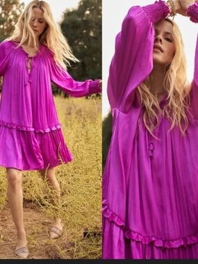 NWT Anthropologie Bright Fuchsia Smocked Sleeve Dress